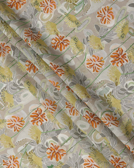 Beige Base Yellow and Orange Abstract Floral Printed Viscose Crepe Fabric, Width 110 Cms, Made in India-D23921