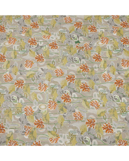 Beige Base Yellow and Orange Abstract Floral Printed Viscose Crepe Fabric, Width 110 Cms, Made in India-D23921