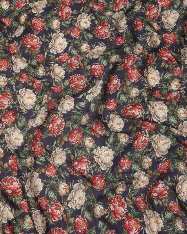 Navy Blue Base Red and Beige Peony Floral Printed Viscose Crepe Fabric, Width 110 Cms, Made in India-D23922 - Regal Fabrics