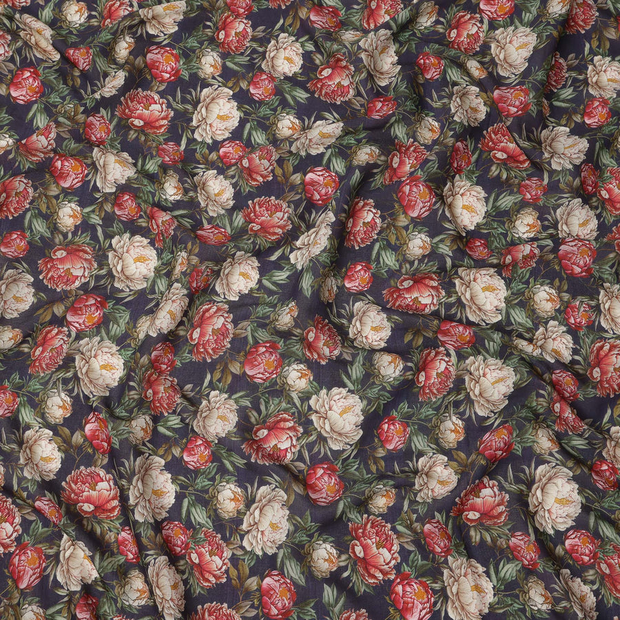 Navy Blue Base Red and Beige Peony Floral Printed Viscose Crepe Fabric, Width 110 Cms, Made in India-D23922 - Regal Fabrics