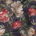 Navy Blue Base Red and Beige Peony Floral Printed Viscose Crepe Fabric, Width 110 Cms, Made in India-D23922 - Regal Fabrics