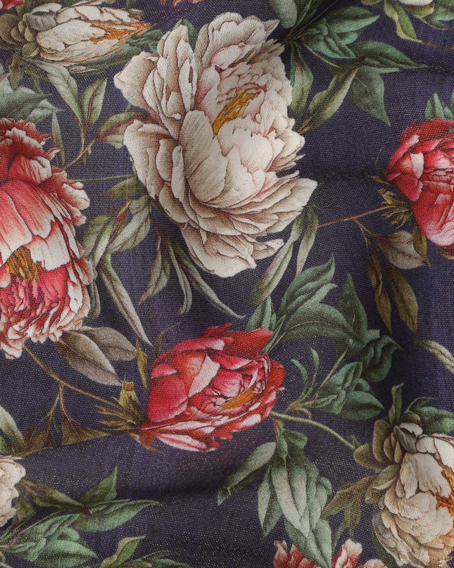 Navy Blue Base Red and Beige Peony Floral Printed Viscose Crepe Fabric, Width 110 Cms, Made in India-D23922 - Regal Fabrics