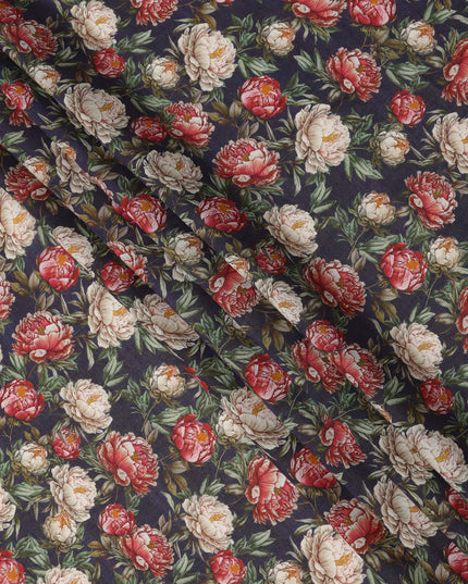Navy Blue Base Red and Beige Peony Floral Printed Viscose Crepe Fabric, Width 110 Cms, Made in India-D23922 - Regal Fabrics