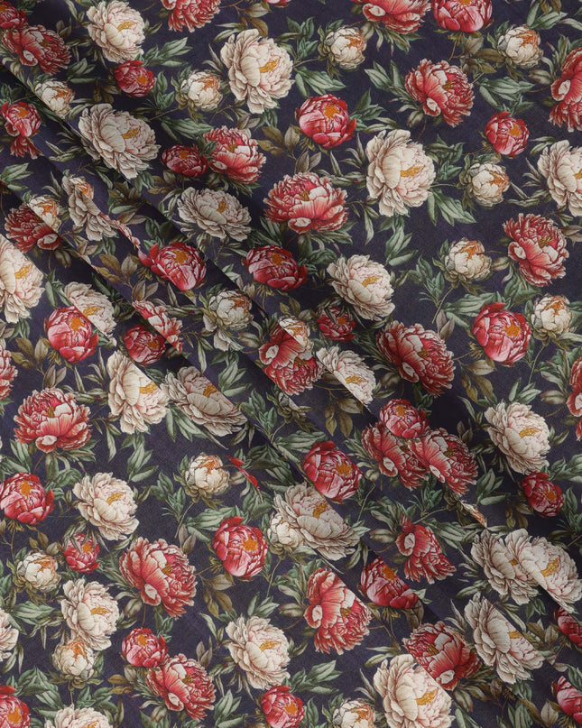 Navy Blue Base Red and Beige Peony Floral Printed Viscose Crepe Fabric, Width 110 Cms, Made in India-D23922 - Regal Fabrics
