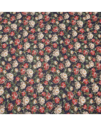 Navy Blue Base Red and Beige Peony Floral Printed Viscose Crepe Fabric, Width 110 Cms, Made in India-D23922 - Regal Fabrics