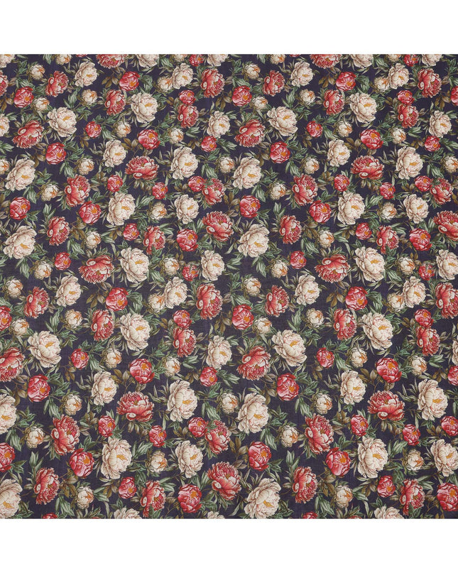 Navy Blue Base Red and Beige Peony Floral Printed Viscose Crepe Fabric, Width 110 Cms, Made in India-D23922 - Regal Fabrics