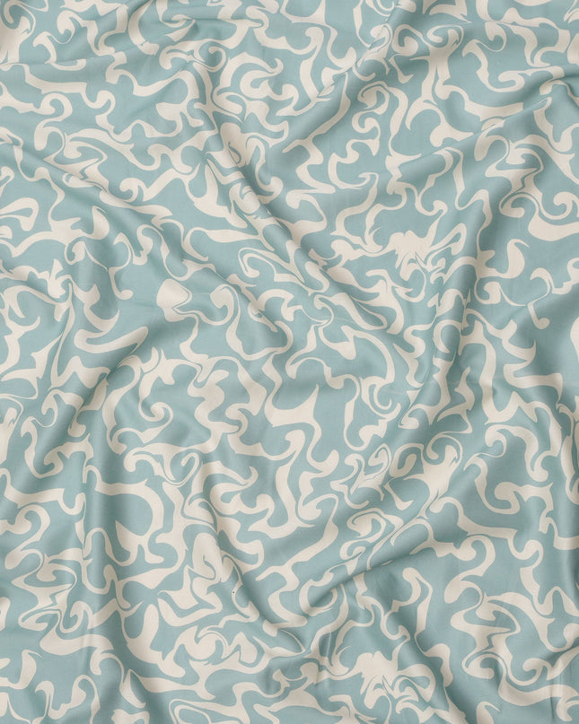Aqua Blue and Ivory Abstract Swirl Printed Cotton Lawn Fabric, Width 110 Cms, Made in India-D23924
