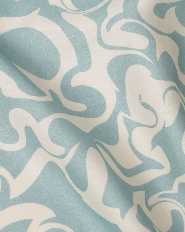 Aqua Blue and Ivory Abstract Swirl Printed Cotton Lawn Fabric, Width 110 Cms, Made in India-D23924