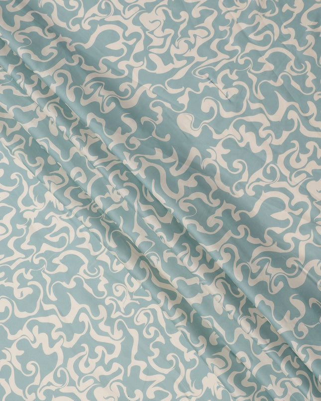 Aqua Blue and Ivory Abstract Swirl Printed Cotton Lawn Fabric, Width 110 Cms, Made in India-D23924