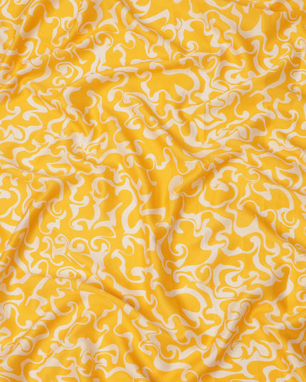 Sunshine Yellow and Ivory Abstract Swirl Printed Cotton Lawn Fabric, Width 110 Cms, Made in India-D23925
