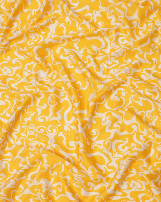 Sunshine Yellow and Ivory Abstract Swirl Printed Cotton Lawn Fabric, Width 110 Cms, Made in India-D23925