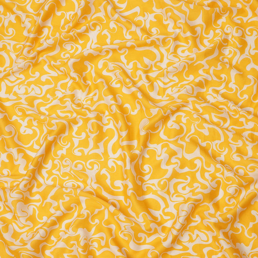Sunshine Yellow and Ivory Abstract Swirl Printed Cotton Lawn Fabric, Width 110 Cms, Made in India-D23925