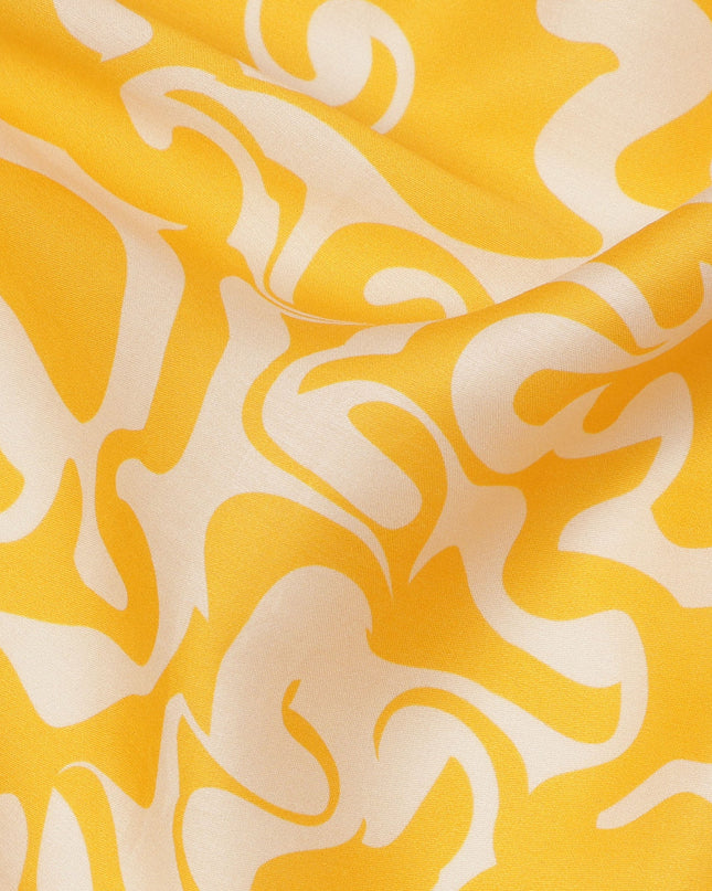 Sunshine Yellow and Ivory Abstract Swirl Printed Cotton Lawn Fabric, Width 110 Cms, Made in India-D23925