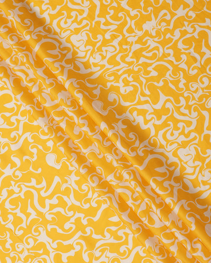 Sunshine Yellow and Ivory Abstract Swirl Printed Cotton Lawn Fabric, Width 110 Cms, Made in India-D23925