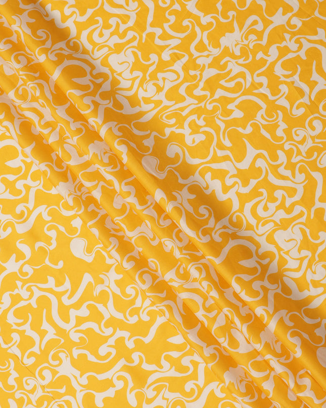 Sunshine Yellow and Ivory Abstract Swirl Printed Cotton Lawn Fabric, Width 110 Cms, Made in India-D23925