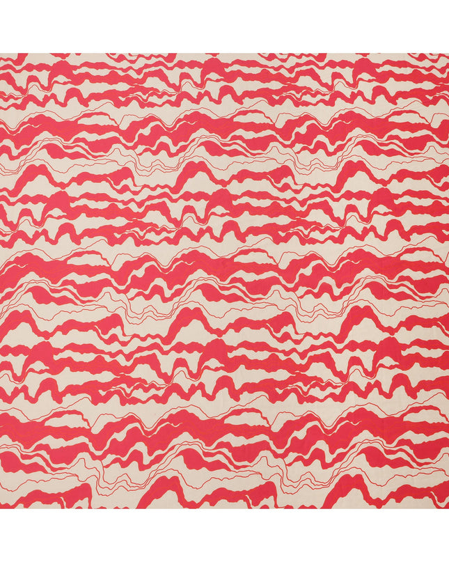قماش قطني مطبوع بخطوط مموجة باللون الأحمر المرجاني والكريمي، عرض 110 سم، صنع في الهند - D23926