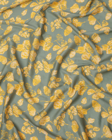 Sage Green and Mustard Yellow Floral Printed Cotton Lawn Fabric, Width 110 Cms, Made in India-D23927 - Regal Fabrics
