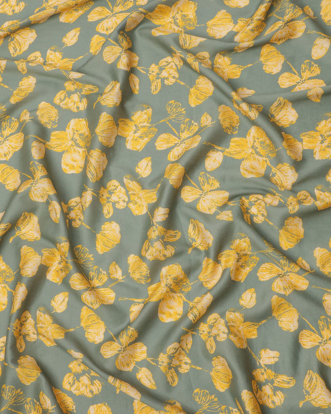 Sage Green and Mustard Yellow Floral Printed Cotton Lawn Fabric, Width 110 Cms, Made in India-D23927 - Regal Fabrics