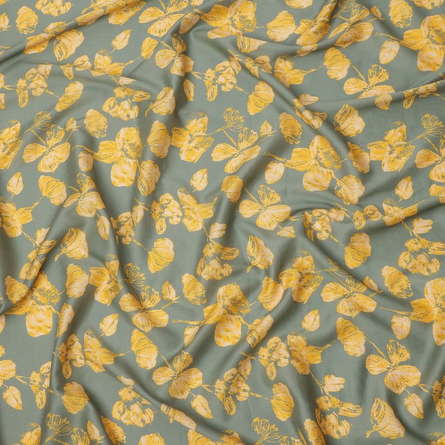 Sage Green and Mustard Yellow Floral Printed Cotton Lawn Fabric, Width 110 Cms, Made in India-D23927 - Regal Fabrics