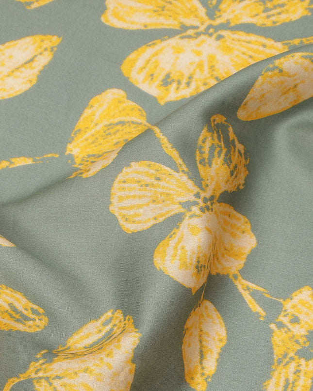 Sage Green and Mustard Yellow Floral Printed Cotton Lawn Fabric, Width 110 Cms, Made in India-D23927 - Regal Fabrics