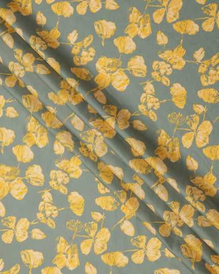 Sage Green and Mustard Yellow Floral Printed Cotton Lawn Fabric, Width 110 Cms, Made in India-D23927 - Regal Fabrics