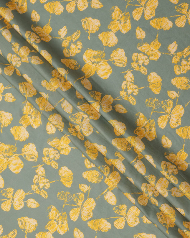 Sage Green and Mustard Yellow Floral Printed Cotton Lawn Fabric, Width 110 Cms, Made in India-D23927 - Regal Fabrics