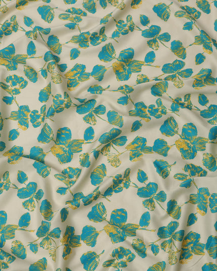 Cream and Teal Blue Floral Printed Cotton Lawn Fabric, Width 110 Cms, Made in India-D23928