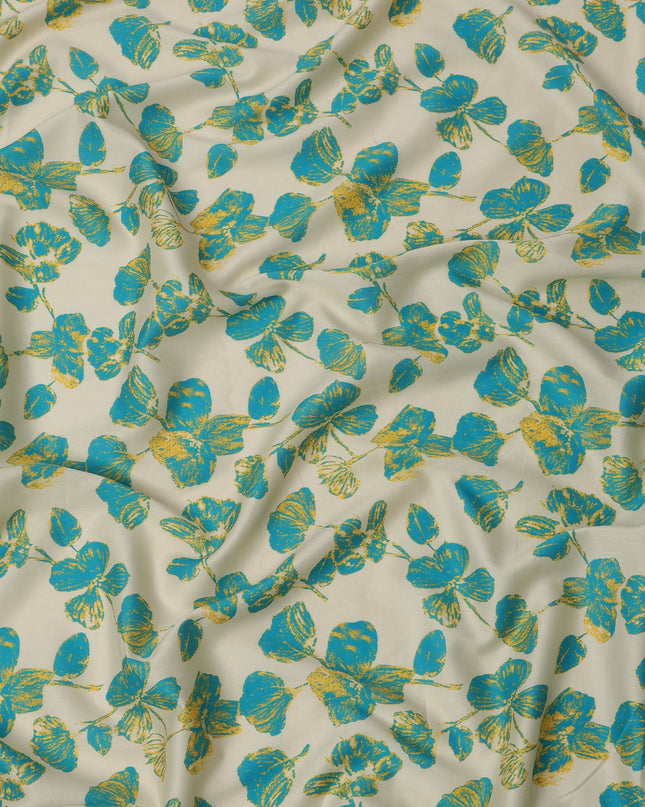 Cream and Teal Blue Floral Printed Cotton Lawn Fabric, Width 110 Cms, Made in India-D23928