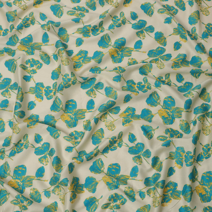 Cream and Teal Blue Floral Printed Cotton Lawn Fabric, Width 110 Cms, Made in India-D23928