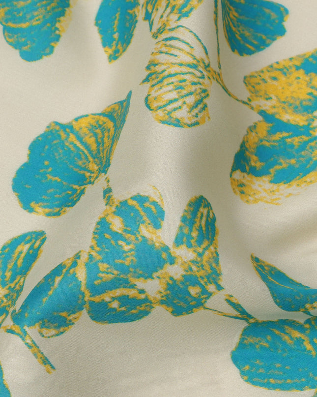 Cream and Teal Blue Floral Printed Cotton Lawn Fabric, Width 110 Cms, Made in India-D23928