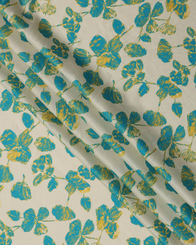 Cream and Teal Blue Floral Printed Cotton Lawn Fabric, Width 110 Cms, Made in India-D23928