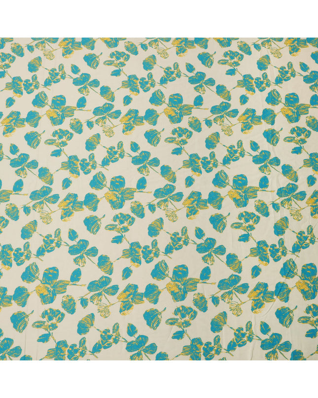 Cream and Teal Blue Floral Printed Cotton Lawn Fabric, Width 110 Cms, Made in India-D23928