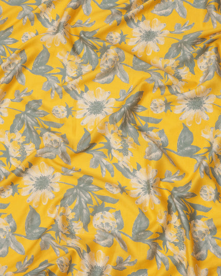 Golden Yellow and Grey Botanical Floral Printed Cotton Lawn Fabric, Width 110 Cms, Made in India-D23929 - Regal Fabrics