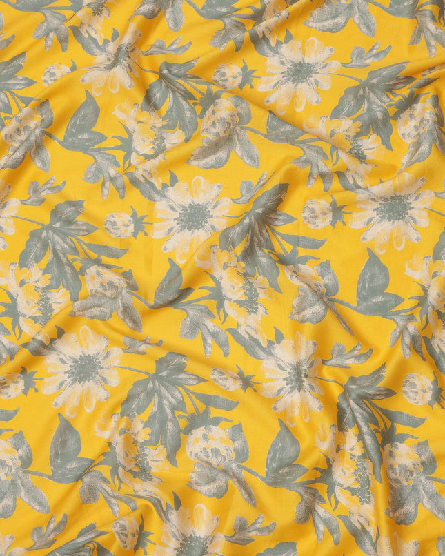 Golden Yellow and Grey Botanical Floral Printed Cotton Lawn Fabric, Width 110 Cms, Made in India-D23929 - Regal Fabrics