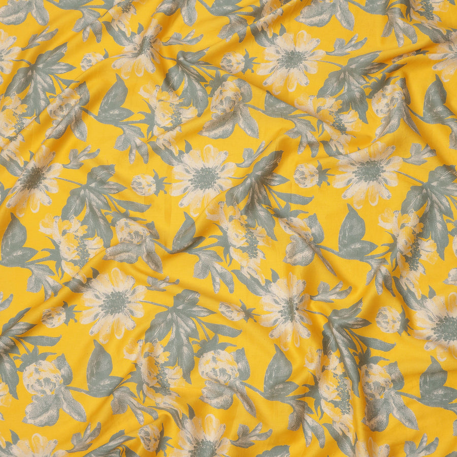 Golden Yellow and Grey Botanical Floral Printed Cotton Lawn Fabric, Width 110 Cms, Made in India-D23929 - Regal Fabrics