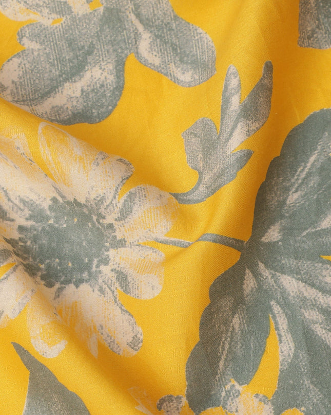 Golden Yellow and Grey Botanical Floral Printed Cotton Lawn Fabric, Width 110 Cms, Made in India-D23929 - Regal Fabrics