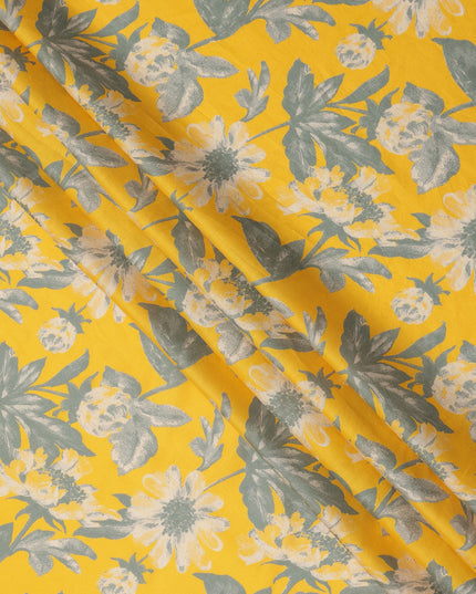 Golden Yellow and Grey Botanical Floral Printed Cotton Lawn Fabric, Width 110 Cms, Made in India-D23929 - Regal Fabrics