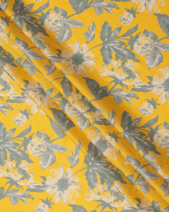 Golden Yellow and Grey Botanical Floral Printed Cotton Lawn Fabric, Width 110 Cms, Made in India-D23929 - Regal Fabrics