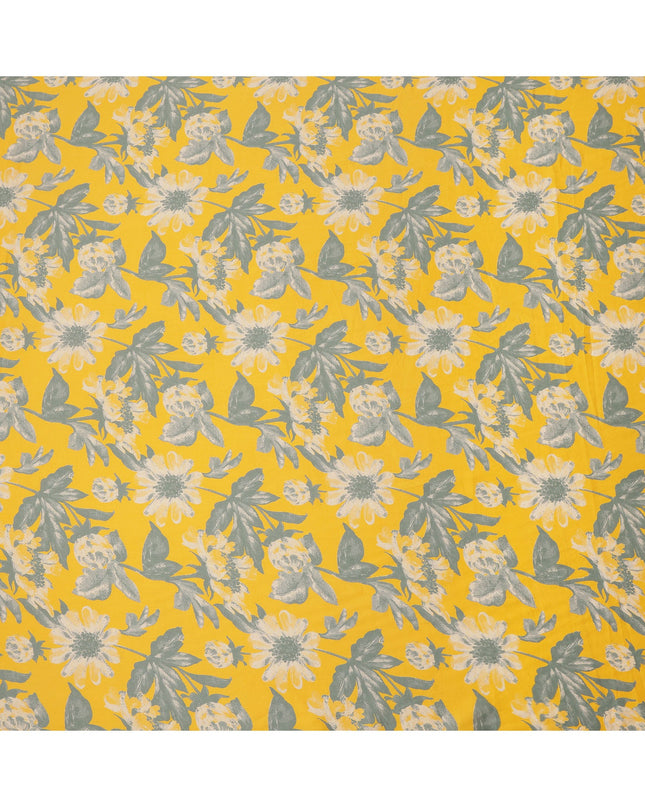 Golden Yellow and Grey Botanical Floral Printed Cotton Lawn Fabric, Width 110 Cms, Made in India-D23929 - Regal Fabrics