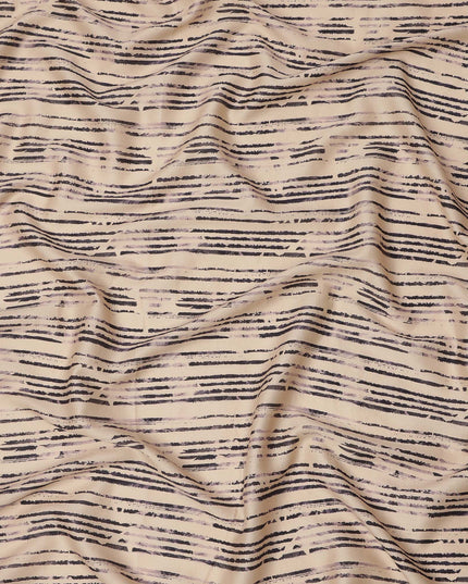 Beige and Black Hand-Drawn Stripe Printed Cotton Lawn Fabric, Width 110 Cms, Made in India-D23930
