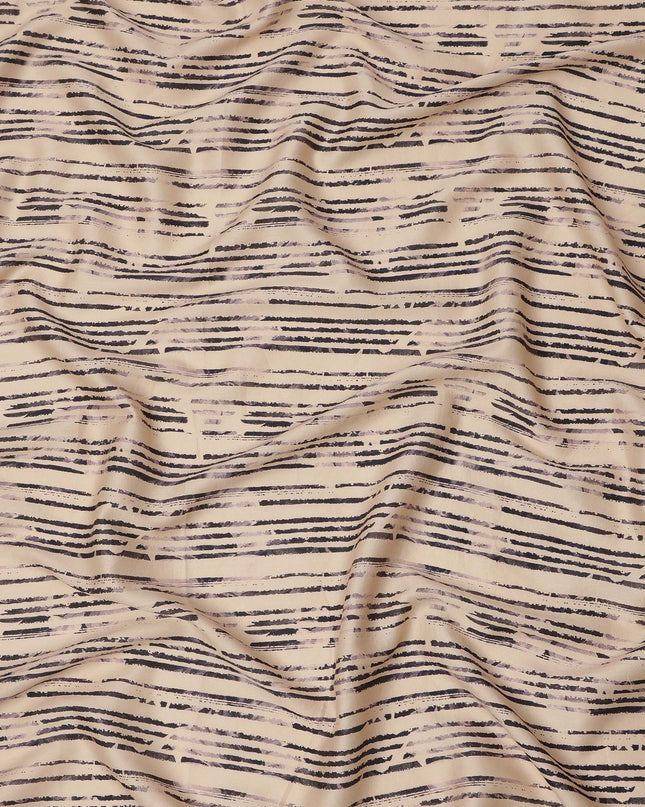 Beige and Black Hand-Drawn Stripe Printed Cotton Lawn Fabric, Width 110 Cms, Made in India-D23930
