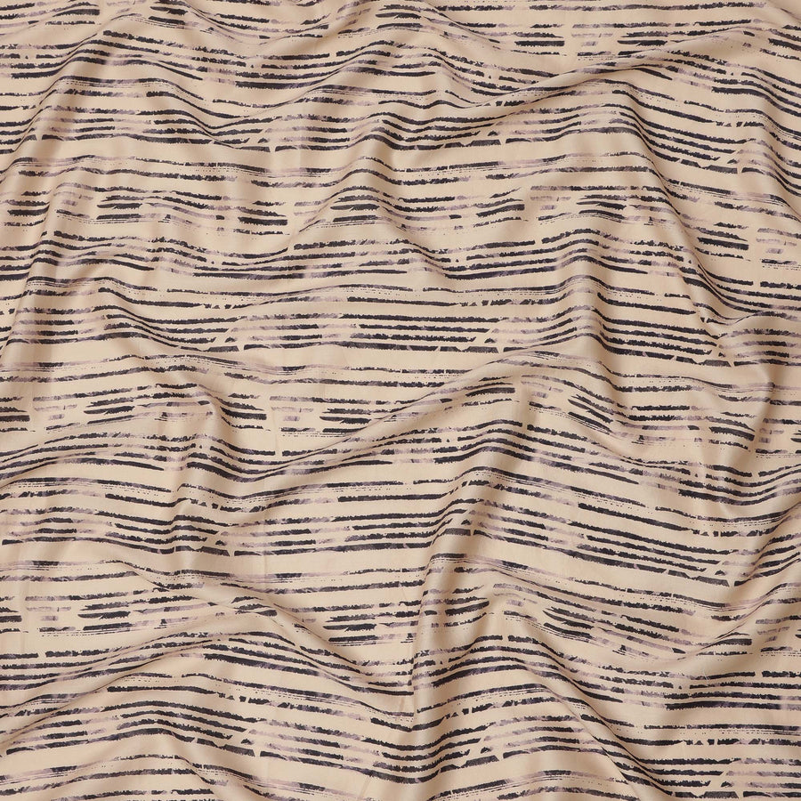 Beige and Black Hand-Drawn Stripe Printed Cotton Lawn Fabric, Width 110 Cms, Made in India-D23930