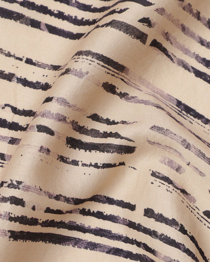 Beige and Black Hand-Drawn Stripe Printed Cotton Lawn Fabric, Width 110 Cms, Made in India-D23930