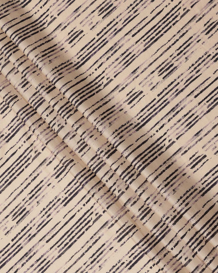 Beige and Black Hand-Drawn Stripe Printed Cotton Lawn Fabric, Width 110 Cms, Made in India-D23930
