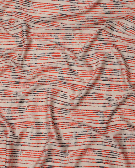 Beige Base with Red and Black Scribble Stripe Print Cotton Lawn Fabric, Width 110 Cms, Made in India-D23932