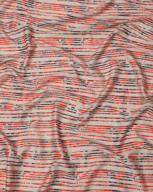 Beige Base with Red and Black Scribble Stripe Print Cotton Lawn Fabric, Width 110 Cms, Made in India-D23932