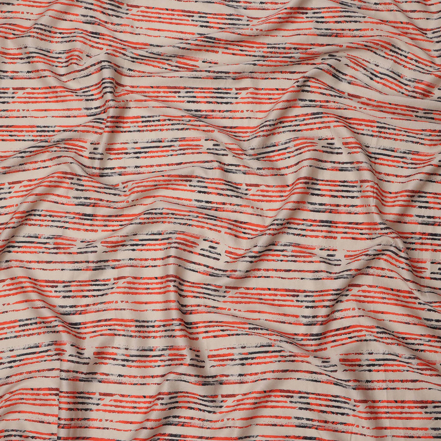 Beige Base with Red and Black Scribble Stripe Print Cotton Lawn Fabric, Width 110 Cms, Made in India-D23932