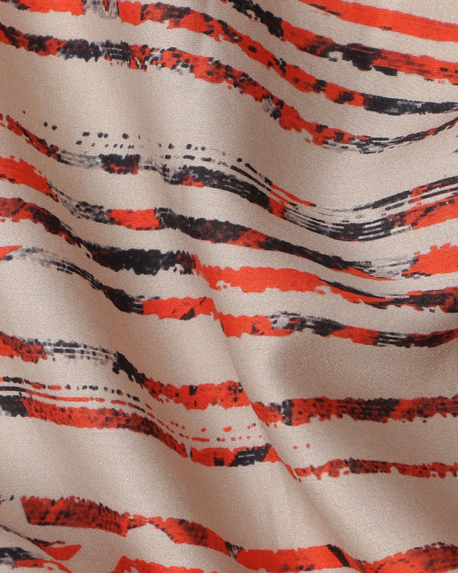 Beige Base with Red and Black Scribble Stripe Print Cotton Lawn Fabric, Width 110 Cms, Made in India-D23932