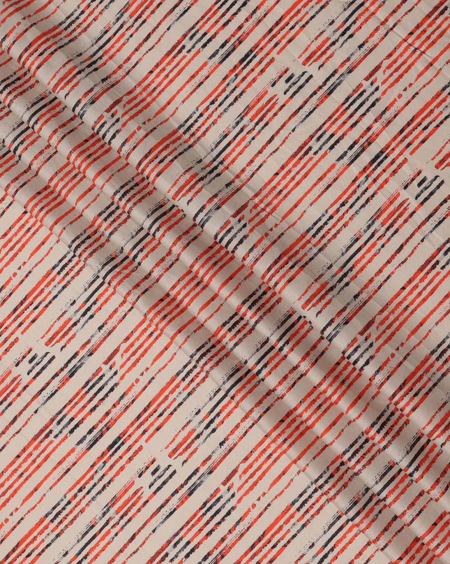 Beige Base with Red and Black Scribble Stripe Print Cotton Lawn Fabric, Width 110 Cms, Made in India-D23932