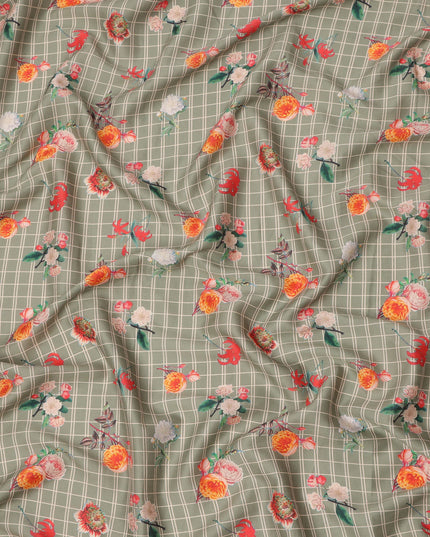 Sage Green Base with White Check and Multicolor Floral Printed Cotton Lawn Fabric, Width 110 Cms, Made in India-D23933